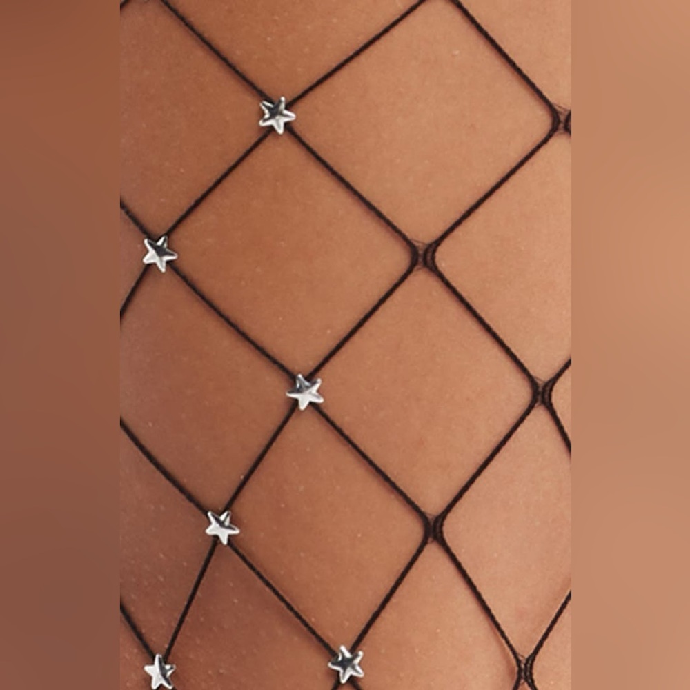 High Heel Jungle Star Struck Fishnet Tights OS Black with Silver stars - Picture 2 of 9